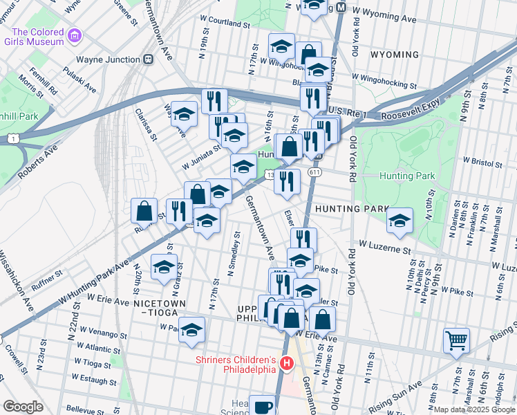 map of restaurants, bars, coffee shops, grocery stores, and more near 4019 Germantown Avenue in Philadelphia