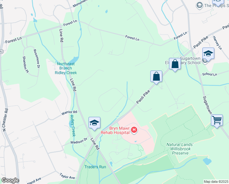 map of restaurants, bars, coffee shops, grocery stores, and more near 7 Fox Ridge Drive in Malvern