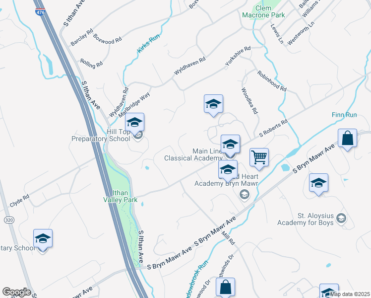 map of restaurants, bars, coffee shops, grocery stores, and more near 611 Portledge Drive in Bryn Mawr