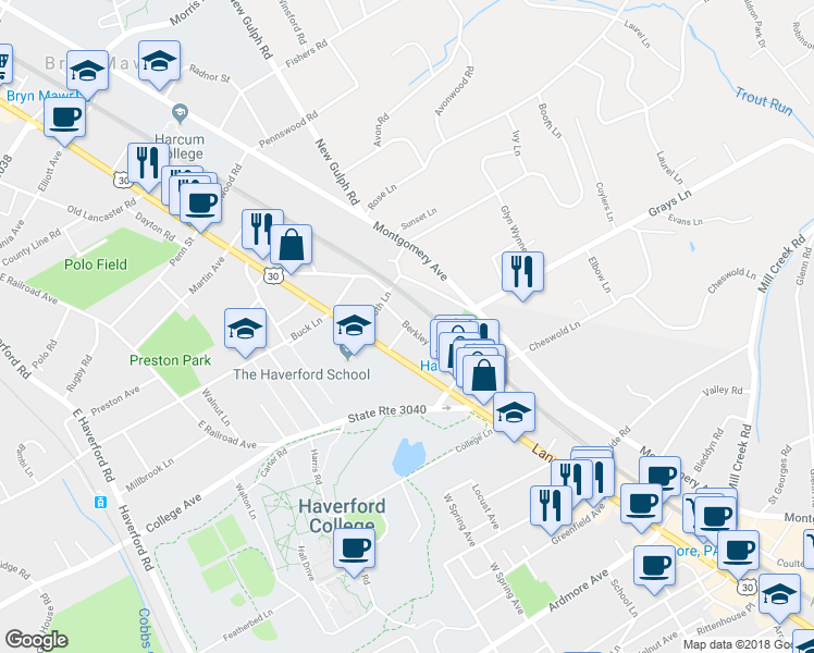 map of restaurants, bars, coffee shops, grocery stores, and more near 125 Llanalew Road in Haverford