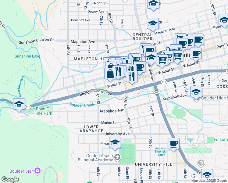 map of restaurants, bars, coffee shops, grocery stores, and more near 812 Walnut Street in Boulder