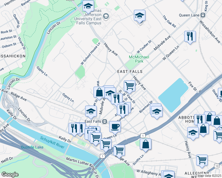 map of restaurants, bars, coffee shops, grocery stores, and more near 3447 Midvale Avenue in Philadelphia