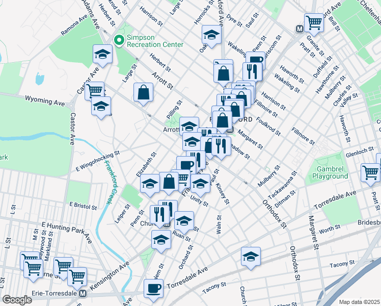 map of restaurants, bars, coffee shops, grocery stores, and more near 1517 Gillingham Street in Philadelphia