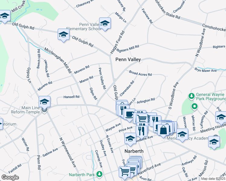 map of restaurants, bars, coffee shops, grocery stores, and more near 510 Old Gulph Road in Narberth