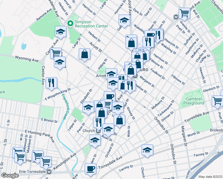 map of restaurants, bars, coffee shops, grocery stores, and more near 1517 Gillingham Street in Philadelphia