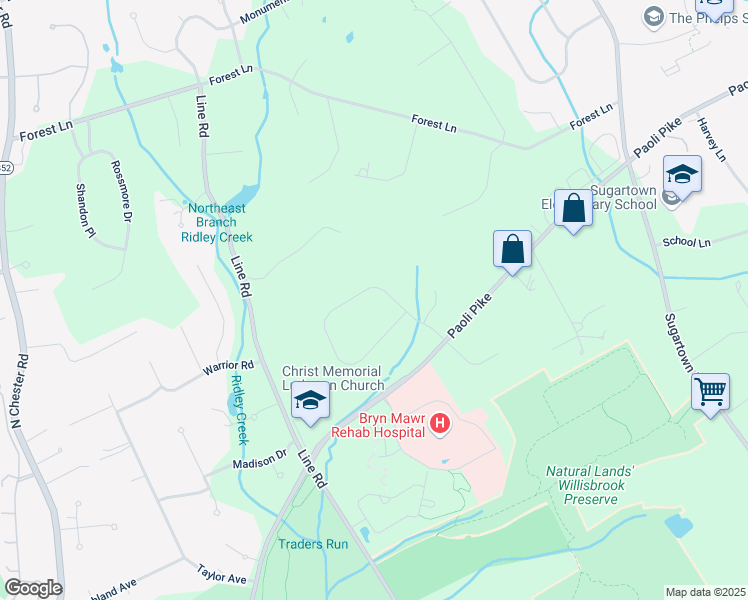 map of restaurants, bars, coffee shops, grocery stores, and more near 7 Fox Ridge Drive in Malvern
