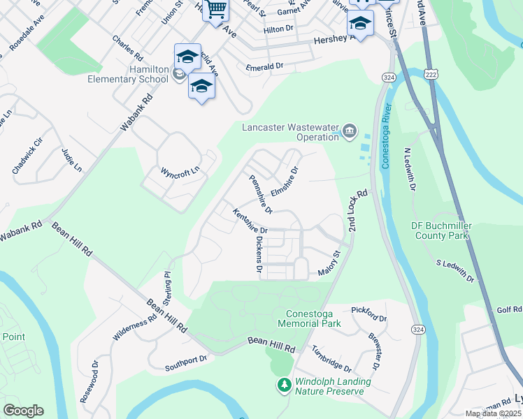 map of restaurants, bars, coffee shops, grocery stores, and more near 202 Pennshire Drive in Lancaster