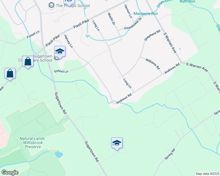 map of restaurants, bars, coffee shops, grocery stores, and more near 27 Harvey Lane in Malvern