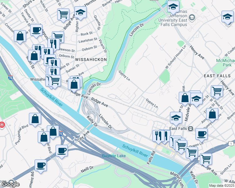 map of restaurants, bars, coffee shops, grocery stores, and more near 4000 Gypsy Lane in Philadelphia