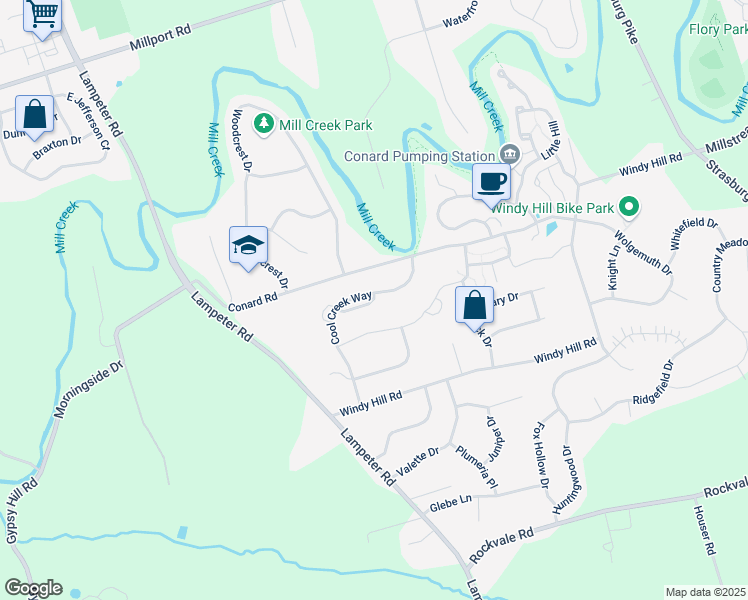map of restaurants, bars, coffee shops, grocery stores, and more near 0 Creekside Drive in Lancaster