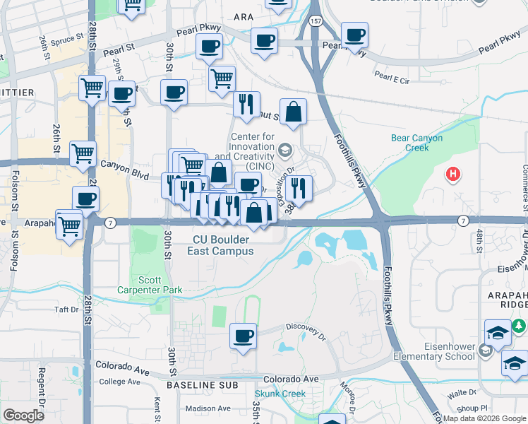 map of restaurants, bars, coffee shops, grocery stores, and more near 3601 Arapahoe Avenue in Boulder
