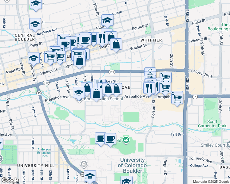 map of restaurants, bars, coffee shops, grocery stores, and more near in Boulder