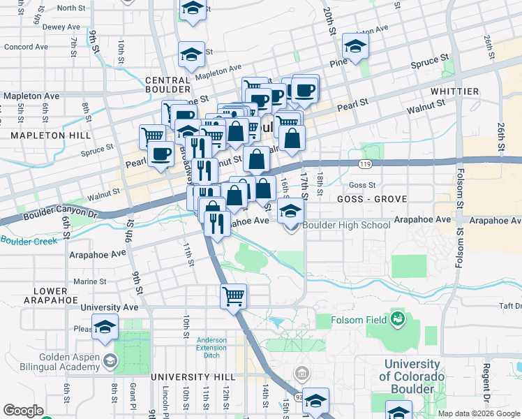 map of restaurants, bars, coffee shops, grocery stores, and more near 1722 14th Street in Boulder
