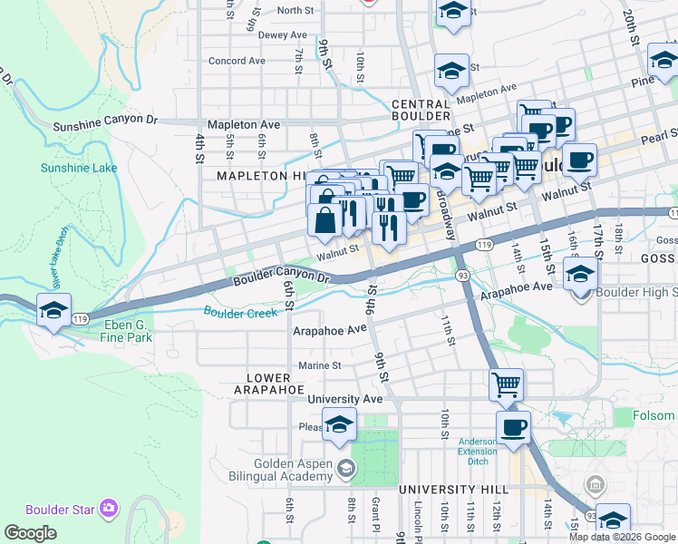 map of restaurants, bars, coffee shops, grocery stores, and more near 750 Walnut Street in Boulder