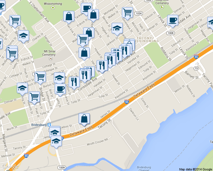 map of restaurants, bars, coffee shops, grocery stores, and more near 4728 Van Kirk Street in Philadelphia