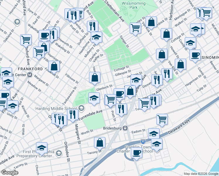 map of restaurants, bars, coffee shops, grocery stores, and more near 5126 Glenloch Street in Philadelphia