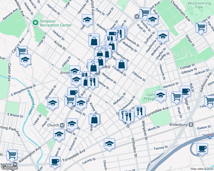 map of restaurants, bars, coffee shops, grocery stores, and more near 1661 Meadow Street in Philadelphia