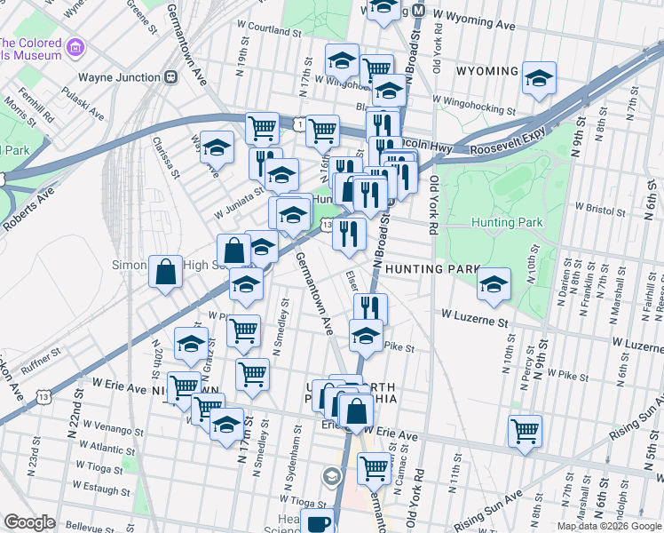 map of restaurants, bars, coffee shops, grocery stores, and more near 1427-37 West Lycoming Street in Philadelphia