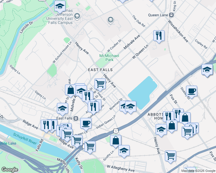 map of restaurants, bars, coffee shops, grocery stores, and more near 3304 West Queen Lane in Philadelphia