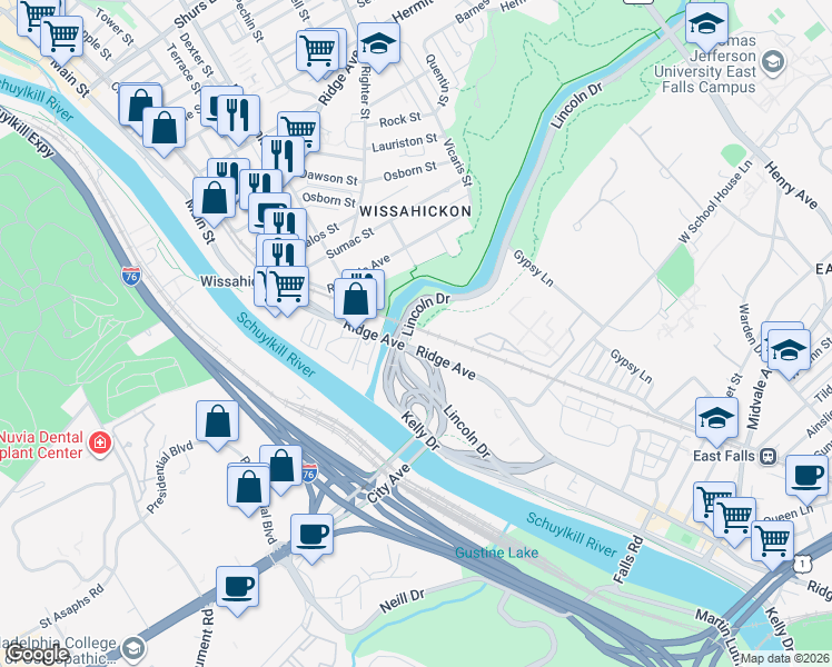 map of restaurants, bars, coffee shops, grocery stores, and more near 4869 Ridge Avenue in Philadelphia