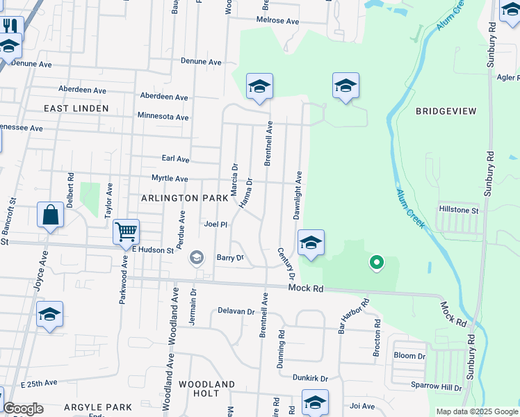 map of restaurants, bars, coffee shops, grocery stores, and more near 2288 Hanna Drive in Columbus