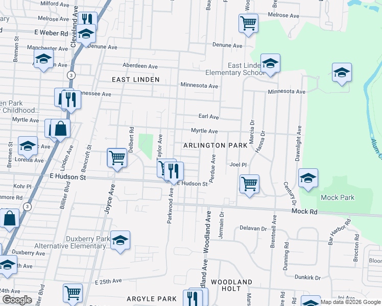 map of restaurants, bars, coffee shops, grocery stores, and more near 2077 Briarwood Avenue in Columbus
