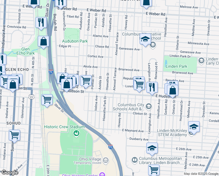 map of restaurants, bars, coffee shops, grocery stores, and more near 2465 Atwood Terrace in Columbus