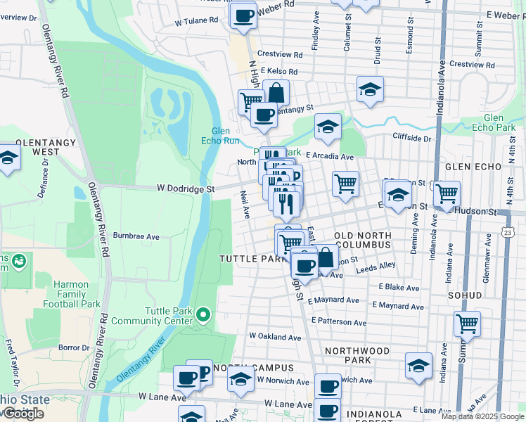map of restaurants, bars, coffee shops, grocery stores, and more near 48 West Duncan Street in Columbus