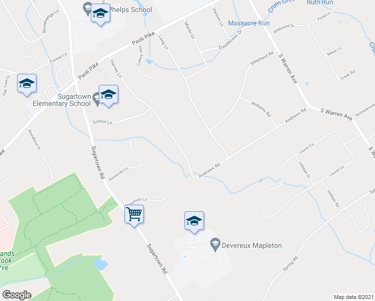 map of restaurants, bars, coffee shops, grocery stores, and more near 27 Harvey Lane in Malvern