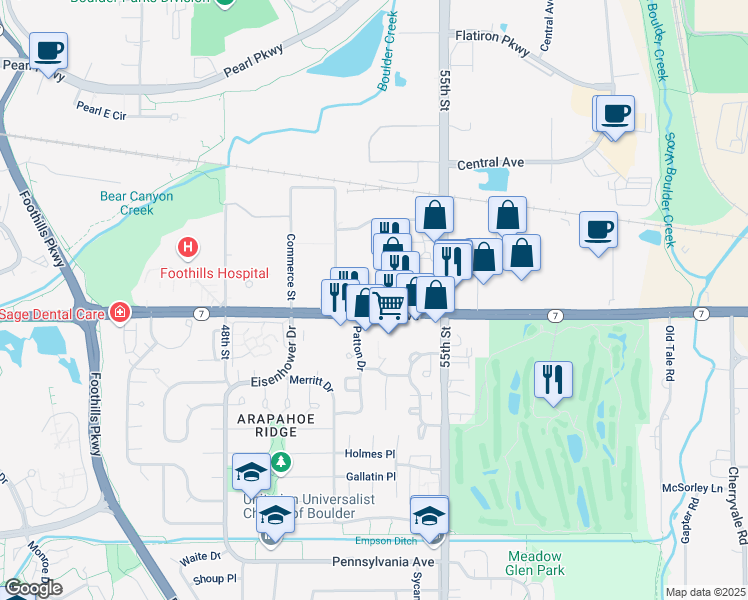 map of restaurants, bars, coffee shops, grocery stores, and more near 5345 Arapahoe Avenue in Boulder