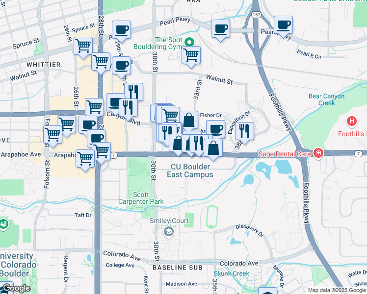 map of restaurants, bars, coffee shops, grocery stores, and more near 1665 33rd St in Boulder