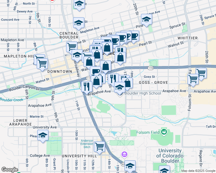 map of restaurants, bars, coffee shops, grocery stores, and more near 1511 Grove Street in Boulder