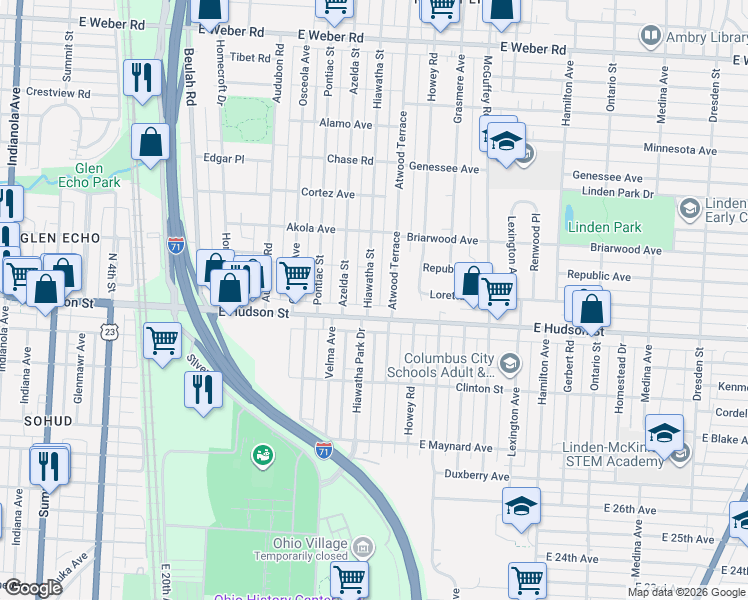 map of restaurants, bars, coffee shops, grocery stores, and more near 2450 Hiawatha Street in Columbus
