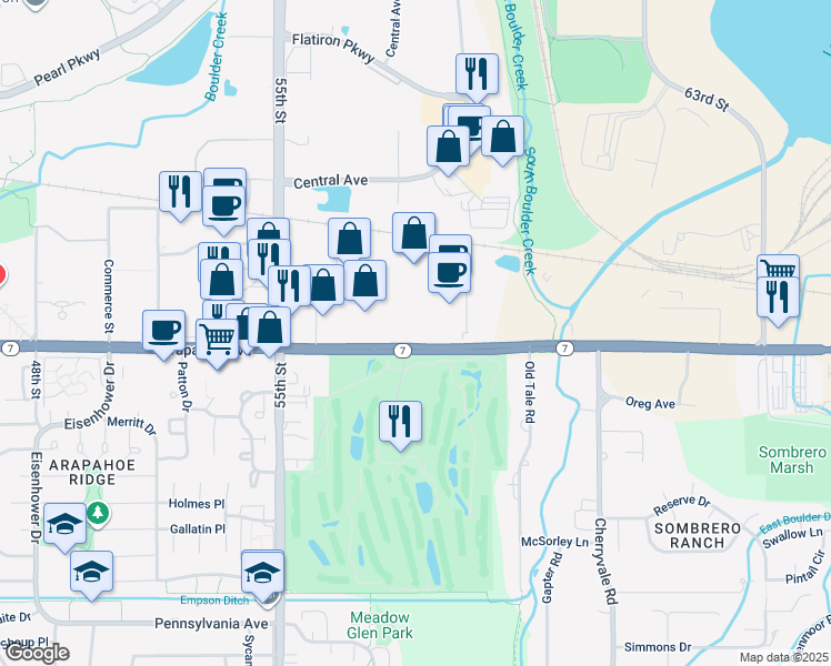 map of restaurants, bars, coffee shops, grocery stores, and more near 5721 Arapahoe Avenue in Boulder