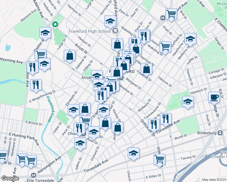 map of restaurants, bars, coffee shops, grocery stores, and more near 4622 Frankford Avenue in Philadelphia