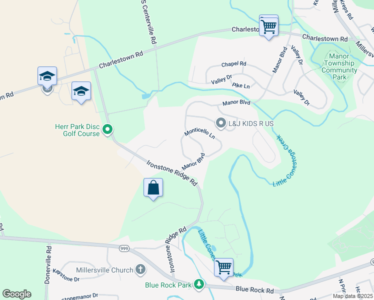 map of restaurants, bars, coffee shops, grocery stores, and more near 1087 Monticello Lane in Lancaster