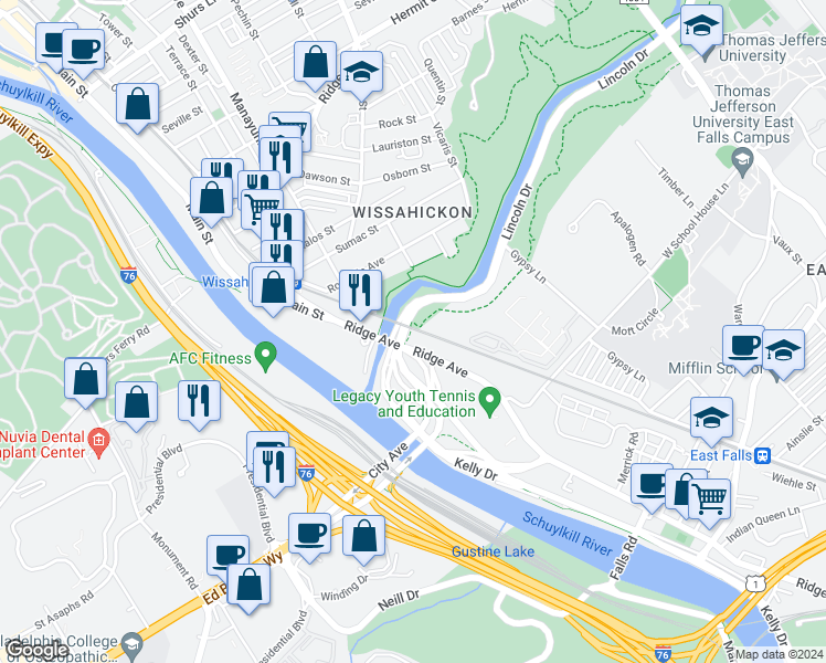 map of restaurants, bars, coffee shops, grocery stores, and more near 4869 Ridge Avenue in Philadelphia