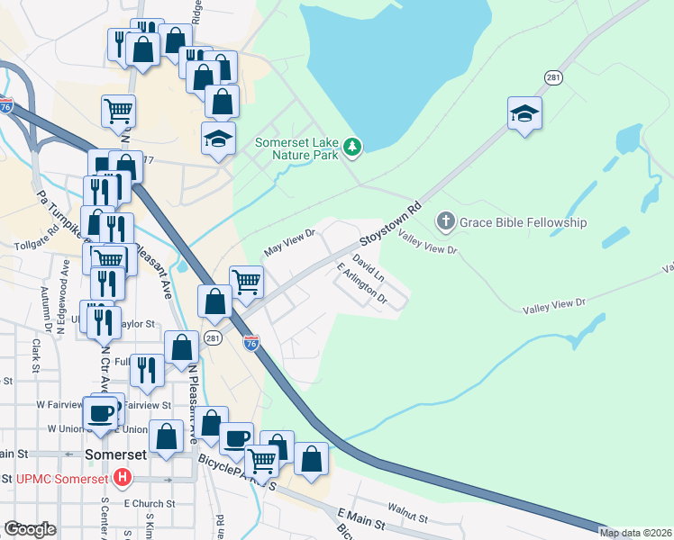 map of restaurants, bars, coffee shops, grocery stores, and more near 118 Don Lane in Somerset