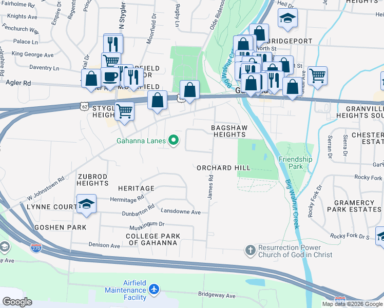 map of restaurants, bars, coffee shops, grocery stores, and more near 175 Creekside Green Drive in Columbus