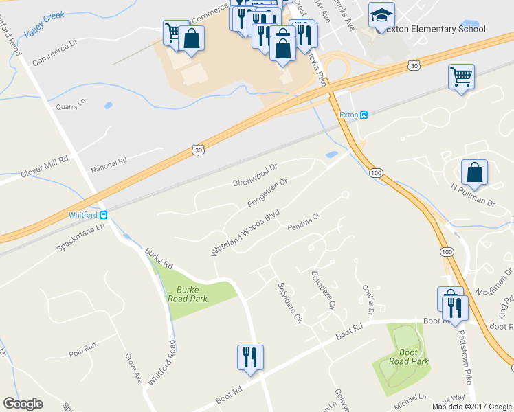 map of restaurants, bars, coffee shops, grocery stores, and more near 188 Fringetree Drive in West Chester