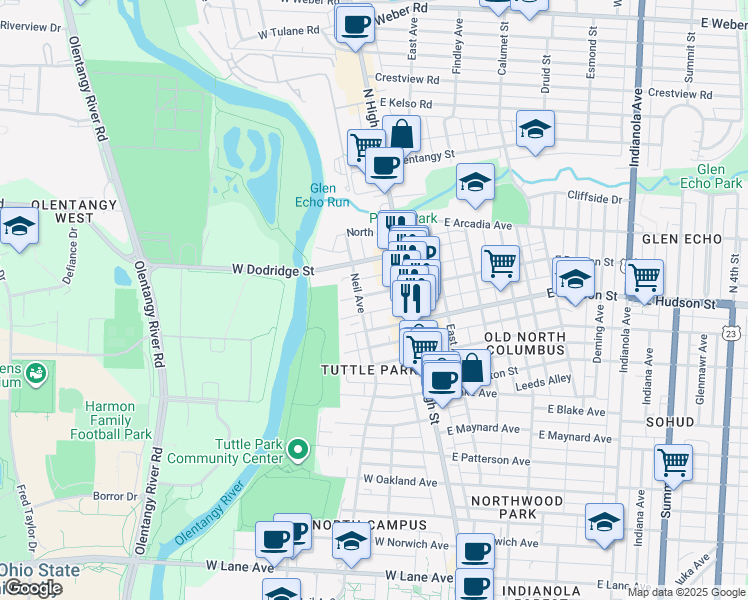 map of restaurants, bars, coffee shops, grocery stores, and more near 48 West Duncan Street in Columbus