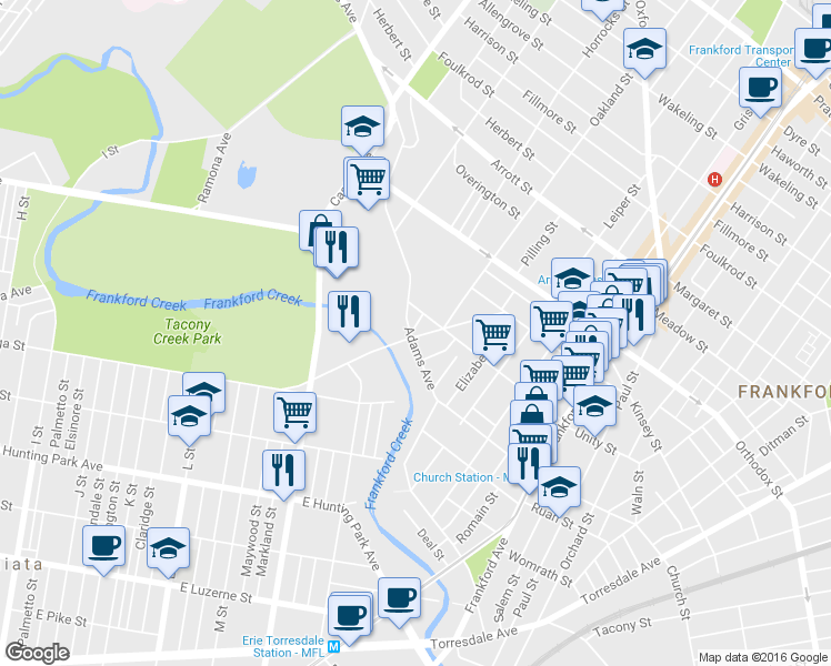 map of restaurants, bars, coffee shops, grocery stores, and more near 4301 Horrocks Street in Philadelphia