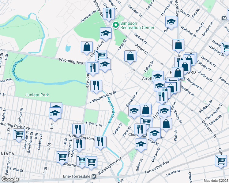 map of restaurants, bars, coffee shops, grocery stores, and more near 4301 Horrocks Street in Philadelphia