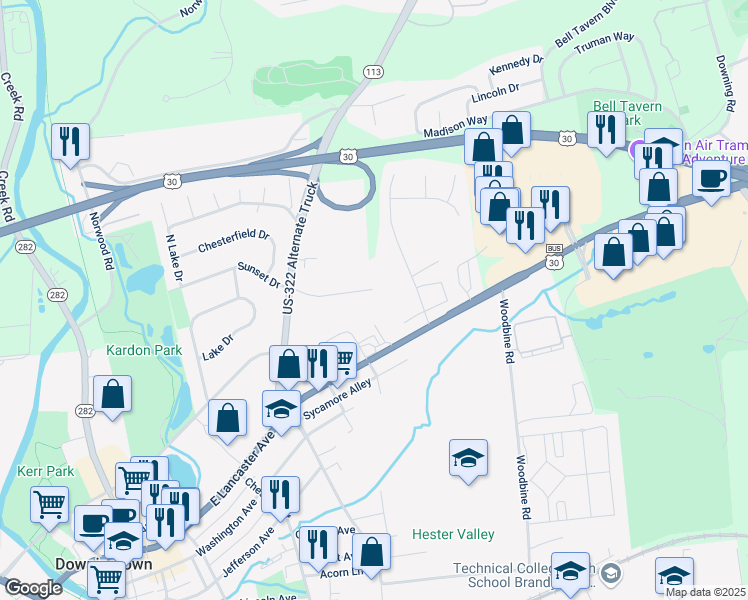 map of restaurants, bars, coffee shops, grocery stores, and more near 516 Sunset Drive in Downingtown