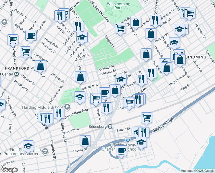 map of restaurants, bars, coffee shops, grocery stores, and more near 5226 Glenloch Street in Philadelphia