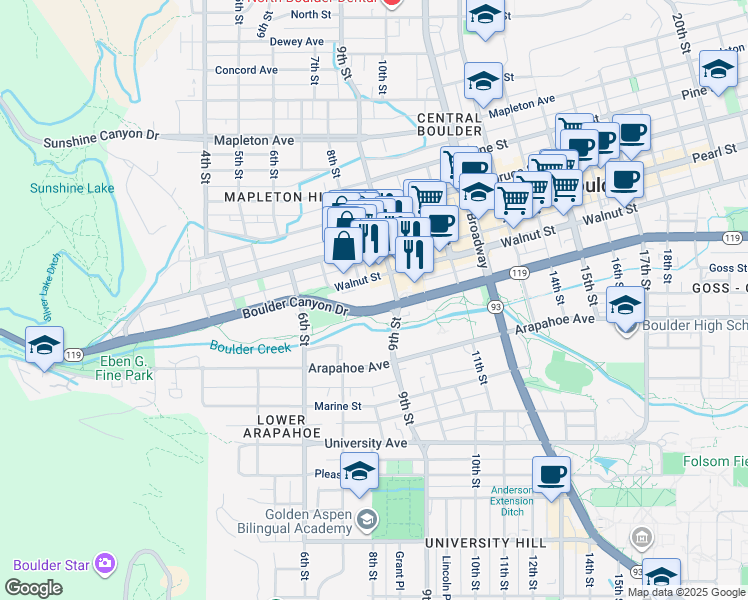 map of restaurants, bars, coffee shops, grocery stores, and more near 750 Walnut Street in Boulder