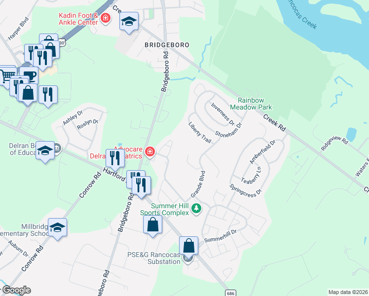 map of restaurants, bars, coffee shops, grocery stores, and more near 447 Dorchester Drive in Delran