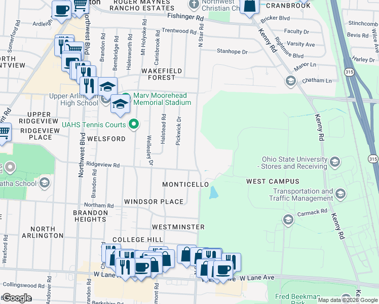 map of restaurants, bars, coffee shops, grocery stores, and more near 2826 Pickwick Drive in Columbus