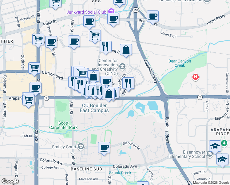 map of restaurants, bars, coffee shops, grocery stores, and more near 3601 Arapahoe Avenue in Boulder
