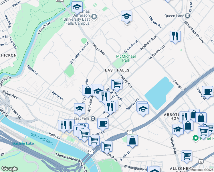 map of restaurants, bars, coffee shops, grocery stores, and more near 3402 Midvale Avenue in Philadelphia